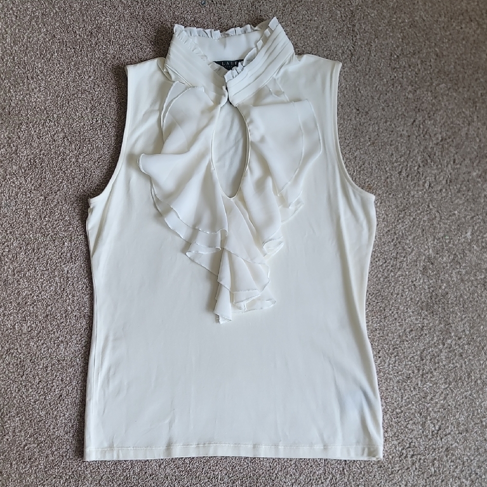 Ralph Lauren White Ruffled Sleeveless Blouse